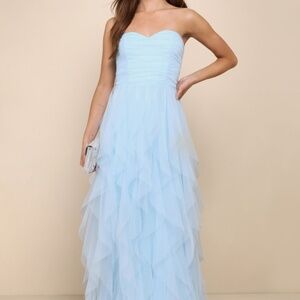 Lulus Delightful Beauty Blue Mesh Strapless Ruched Ruffled Maxi Dress - Size S